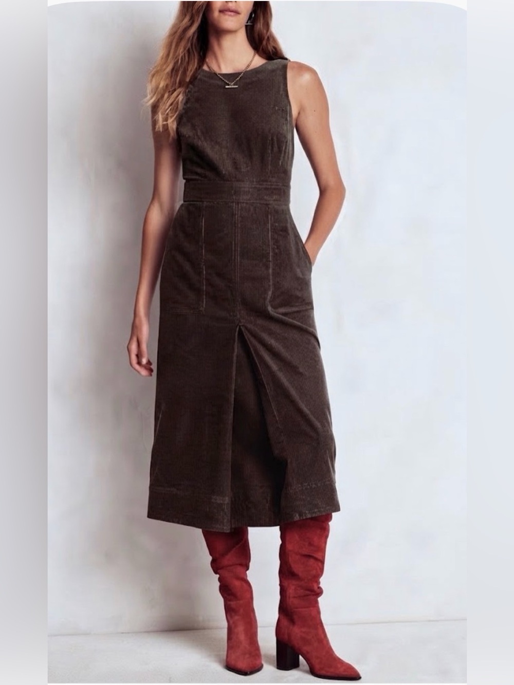 Boden Ula Box Pleat Brown Corduroy Midi Dress US 12 / UK 16